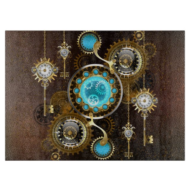 Steampunk Rusty Hintergrund mit türkisfarbenen Lin Schneidebrett (Vorderseite)