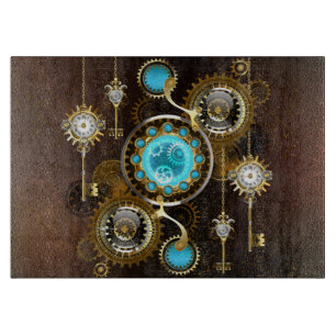 Steampunk Rusty Hintergrund mit türkisfarbenen Lin Schneidebrett