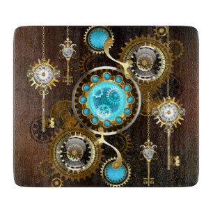 Steampunk Rusty Hintergrund mit türkisfarbenen Lin Schneidebrett