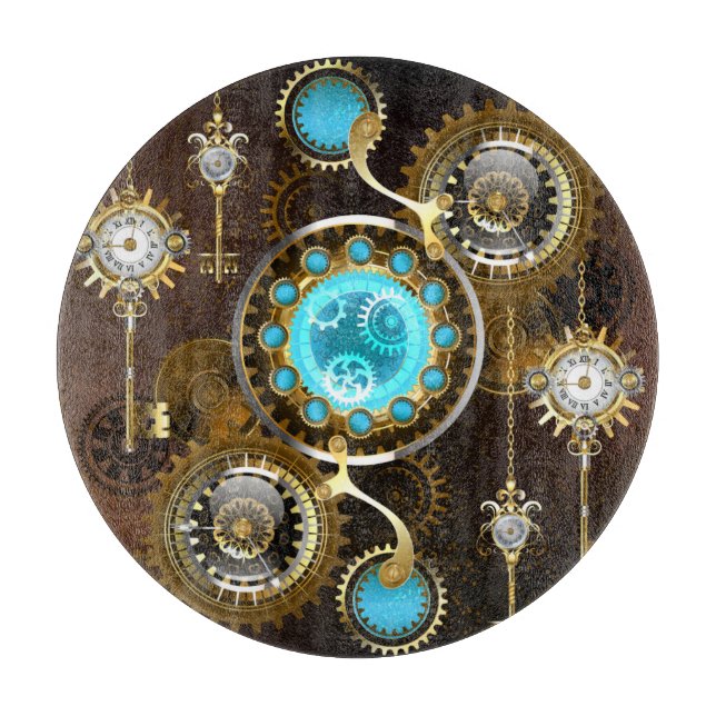 Steampunk Rusty Hintergrund mit türkisfarbenen Lin Schneidebrett (Vorderseite)