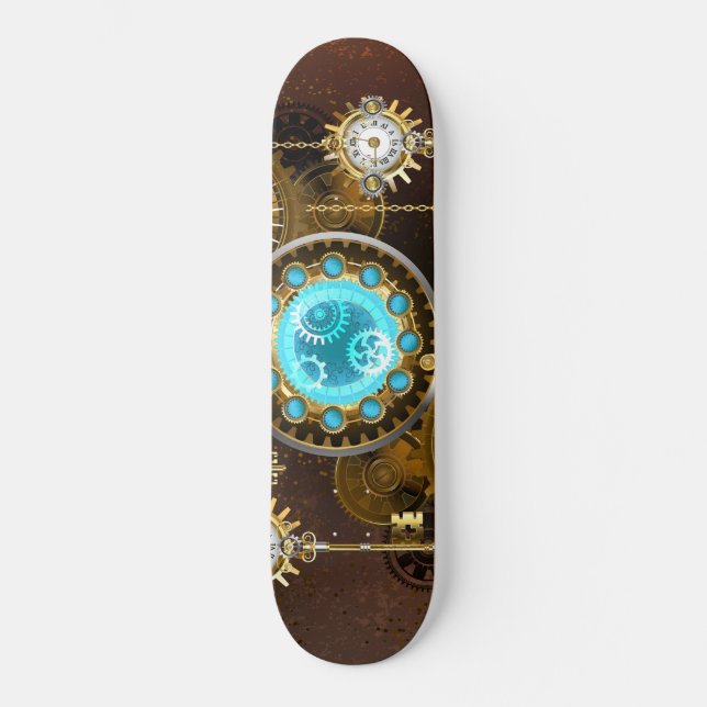 Steampunk Rusty Hintergrund mit türkisfarbenen Lin Skateboard (Vorderseite)