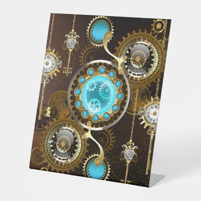 Steampunk Rusty Hintergrund mit türkisfarbenen Lin Sockelschild (Vorderseite)