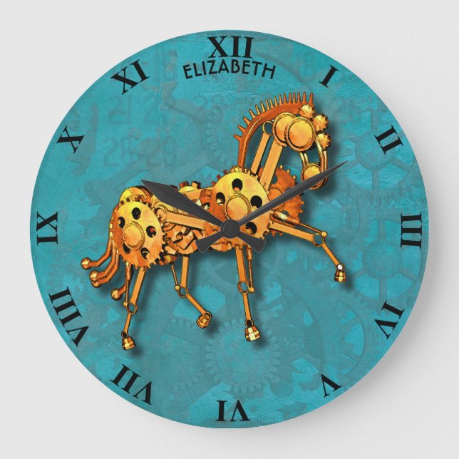 Steampunk Rusty Vintag Mechanic Orange Horse Große Wanduhr (Vorderseite)