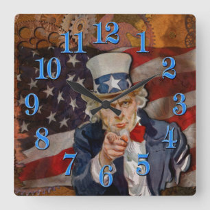 Steampunk Sam Patriotic US Flag Design Quadratische Wanduhr