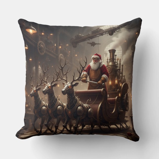 Steampunk Santa's Dampf-Schlittenfahrt Kissen (Vorderseite)
