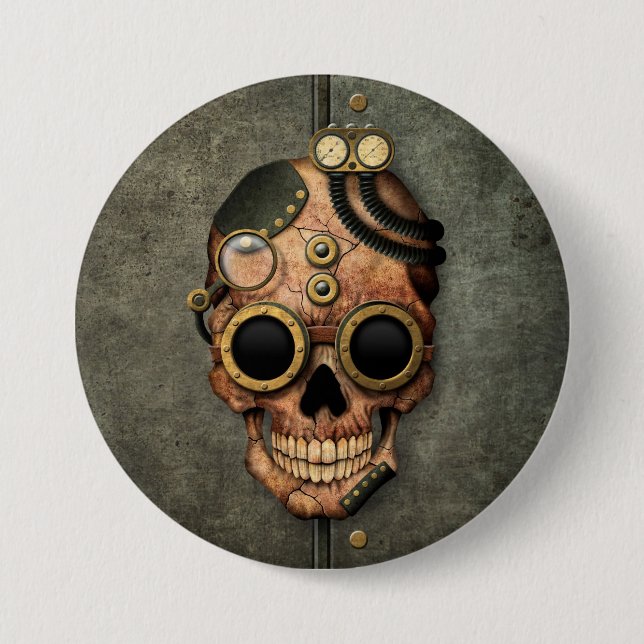 Steampunk Schädel mit Schutzbrillen - Stahleffekt Button (Vorderseite)