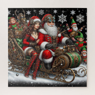 Steampunk Schlitten ~ Santa mit Ehefrau & Elfen 02 Puzzle