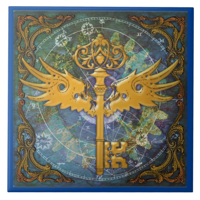 Steampunk-Schlüssel mit Flügeln Fliese (Vorderseite)