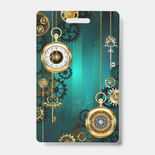 Steampunk-Schmuck Uhr auf grünem Hintergrund Ausweis