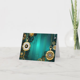 Steampunk-Schmuck Uhr auf grünem Hintergrund Feiertagskarte