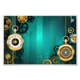Steampunk-Schmuck Uhr auf grünem Hintergrund Fotodruck