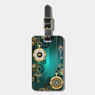 Steampunk-Schmuck Uhr auf grünem Hintergrund Gepäckanhänger