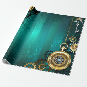 Steampunk-Schmuck Uhr auf grünem Hintergrund Geschenkpapier