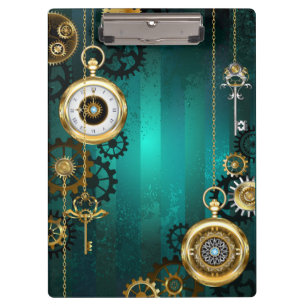 Steampunk-Schmuck Uhr auf grünem Hintergrund Klemmbrett
