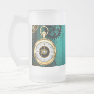 Steampunk-Schmuck Uhr auf grünem Hintergrund Mattglas Bierglas