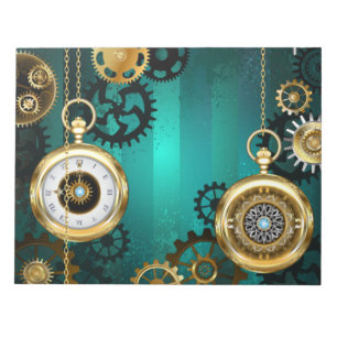 Steampunk-Schmuck Uhr auf grünem Hintergrund Notizblock