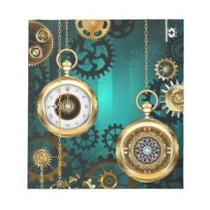 Steampunk-Schmuck Uhr auf grünem Hintergrund Notizblock