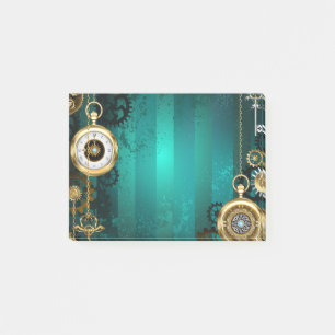Steampunk-Schmuck Uhr auf grünem Hintergrund Post-it Klebezettel