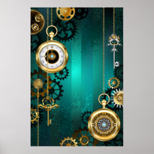 Steampunk-Schmuck Uhr auf grünem Hintergrund Poster