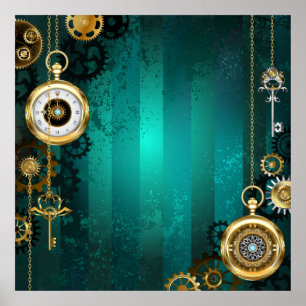 Steampunk-Schmuck Uhr auf grünem Hintergrund Poster