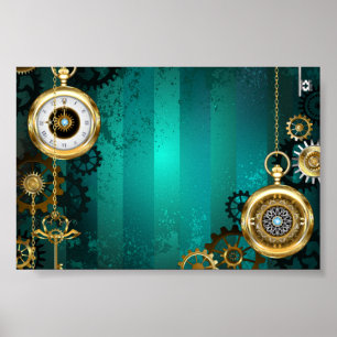 Steampunk-Schmuck Uhr auf grünem Hintergrund Poster