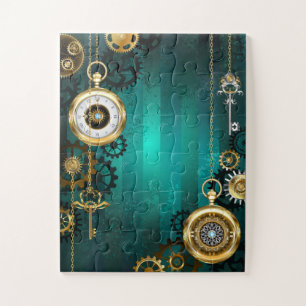 Steampunk-Schmuck Uhr auf grünem Hintergrund Puzzle