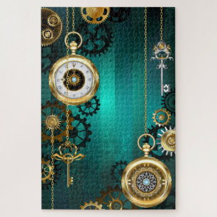 Steampunk-Schmuck Uhr auf grünem Hintergrund Puzzle