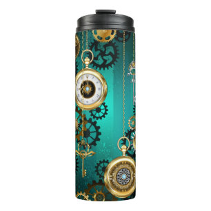 Steampunk-Schmuck Uhr auf grünem Hintergrund Thermosbecher