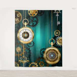 Steampunk-Schmuck Uhr auf grünem Hintergrund Wandteppich
