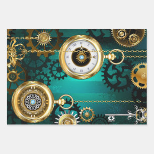 Steampunk-Schmuckschau auf grünem Hintergrund Geschenkpapier Set