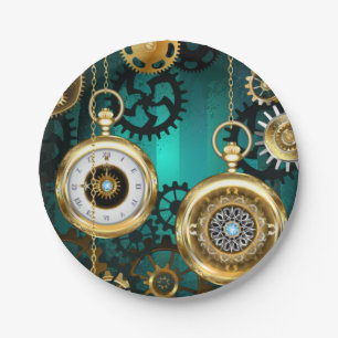 Steampunk-Schmuckschau auf grünem Hintergrund Pappteller