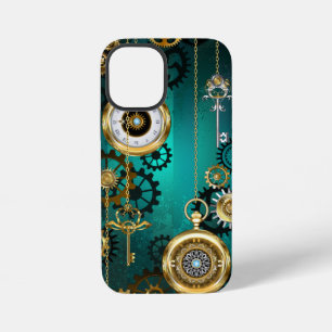 Steampunk-Schmuckuhr auf grünem Hintergrund iPhone 12 Mini Hülle