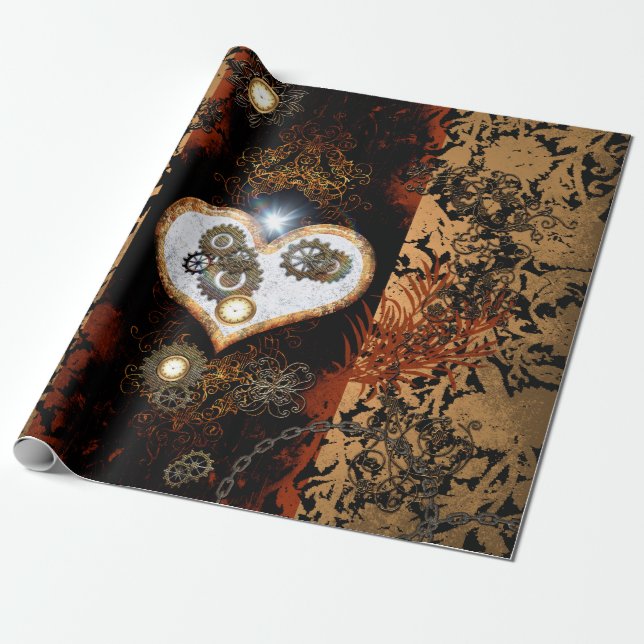 Steampunk, schönes Herz mit Gängen und Uhren Geschenkpapier (Ungerollt)