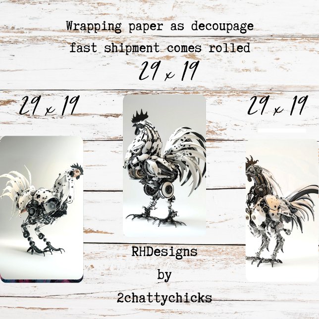 Steampunk Schwarz-weiß Roosters Decoupage Geschenkpapier Set (Von Creator hochgeladen)