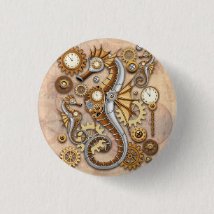 Steampunk Seepferd Vintag Surreal Art Button