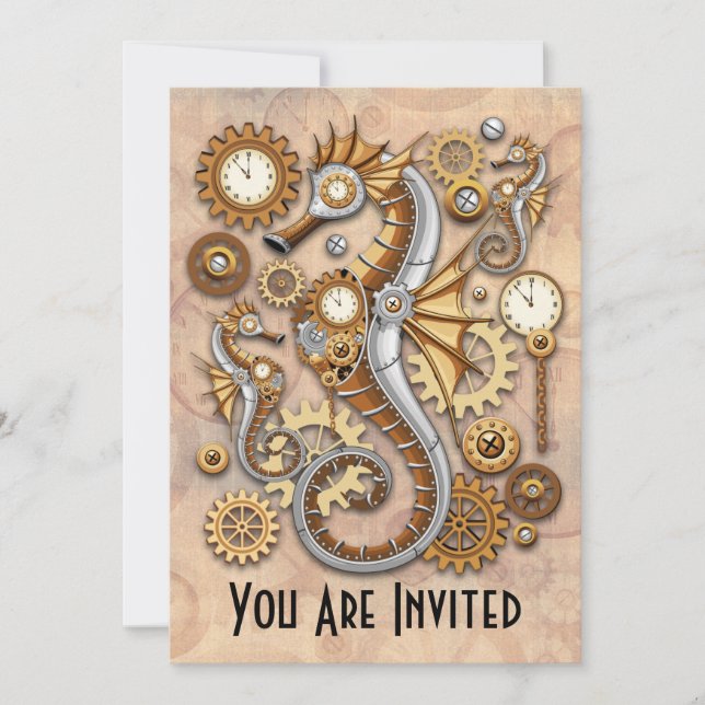 Steampunk Seepferd Vintag Surreal Art Einladung (Vorderseite)