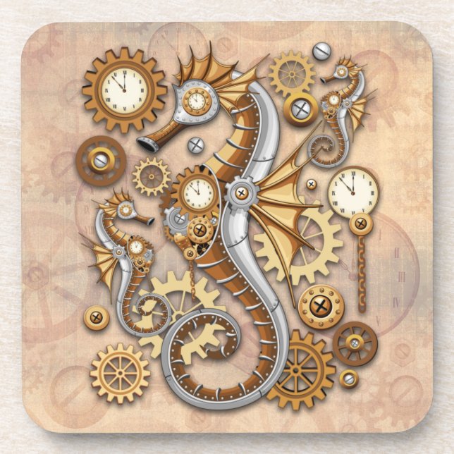 Steampunk Seepferd Vintag Surreal Art Getränkeuntersetzer (Vorderseite)