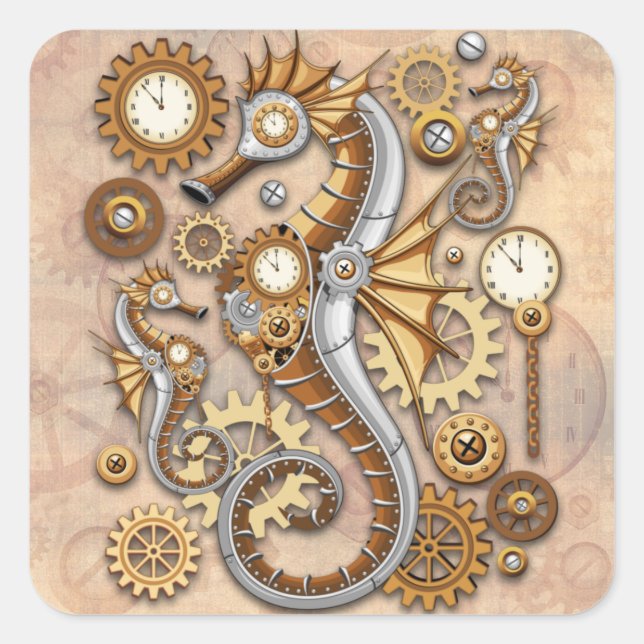 Steampunk Seepferd Vintag Surreal Art Quadratischer Aufkleber (Vorderseite)