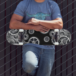 Steampunk Silver Gears Skateboard