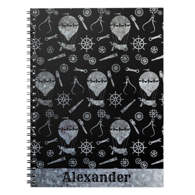 Steampunk Silver Zinc Ballooning Theme Individuell Notizblock (Vorderseite)