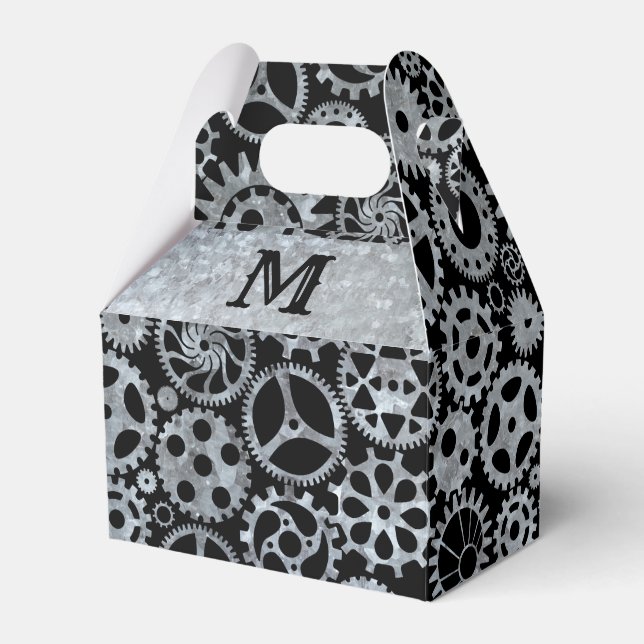 Steampunk Silver Zinc Gears Custom Monogram Gable Geschenkschachtel (Vorderseite)