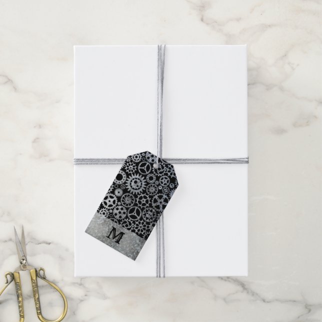 Steampunk Silver Zinc Gears Custom Monogram Geschenkanhänger (Mit Garn)