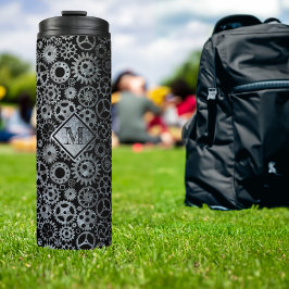 Steampunk Silver Zinc Gears Custom Monogram Thermosbecher