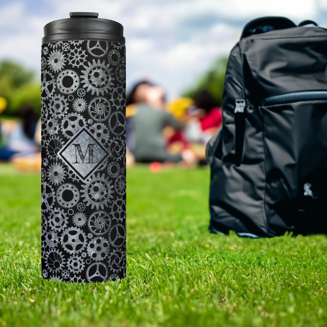 Steampunk Silver Zinc Gears Custom Monogram Thermosbecher (Von Creator hochgeladen)