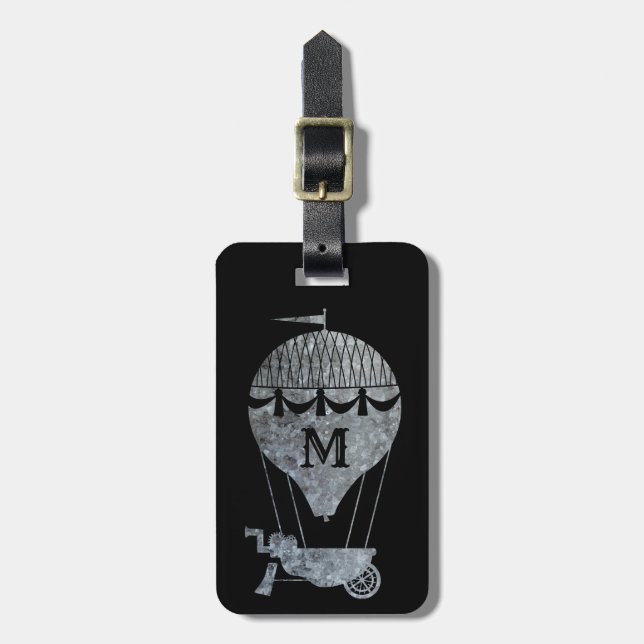 Steampunk Silver Zinc Heißluftballon Monogram Gepäckanhänger (Vorderseite vertikal)