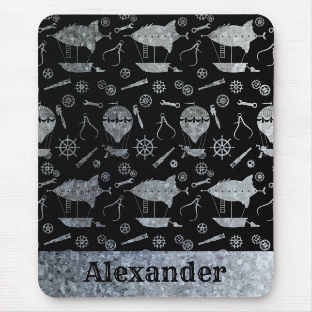 Steampunk Silver Zink Airships Individuelle Name Mousepad (Vorne)