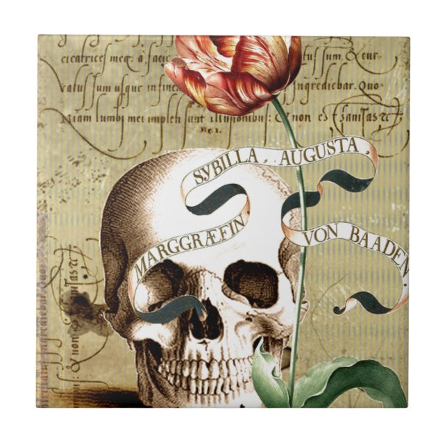 Steampunk Skull Floral Writing Halloween Fliese (Vorderseite)