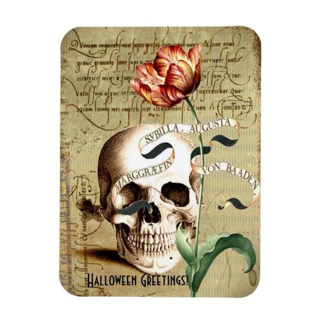 Steampunk Skull Floral Writing Halloween Magnet (Vertikal)