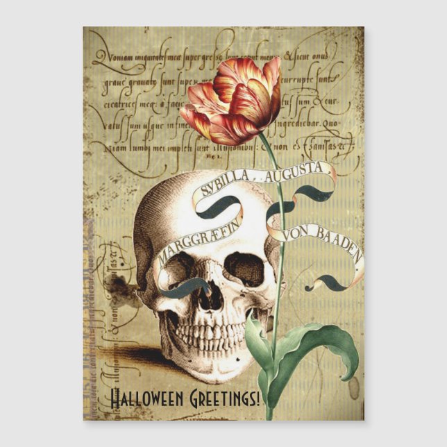 Steampunk Skull Floral Writing Halloween Magnetkarte (Vorderseite)