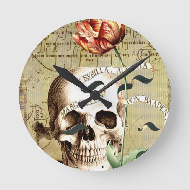 Steampunk Skull Floral Writing Halloween Runde Wanduhr (Vorderseite)